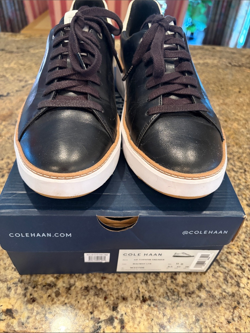 Cole Haan Black Leather Sneakers with White Sole and Tan Trim